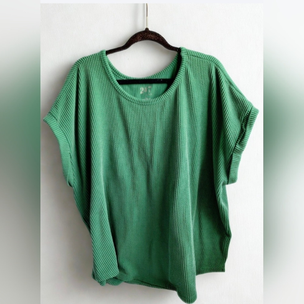 Women's 3x Green Ribbed Short Sleeve Top